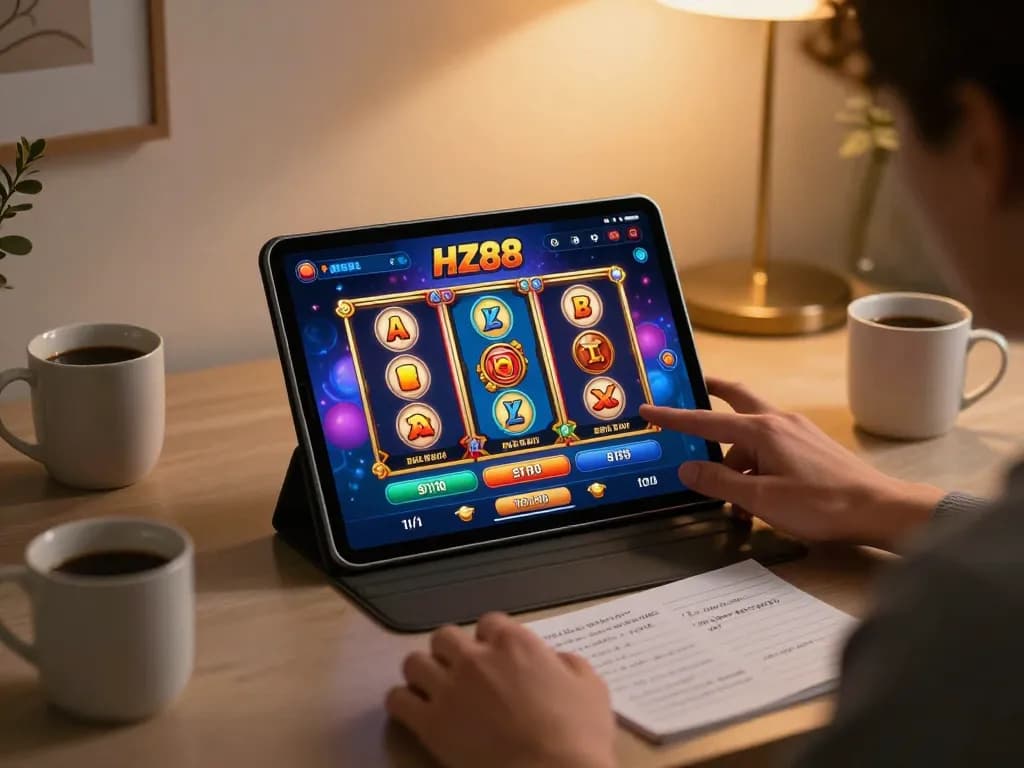 Engaged player using the HZ88 app on a tablet for an immersive slot game experience in a cozy home setting.