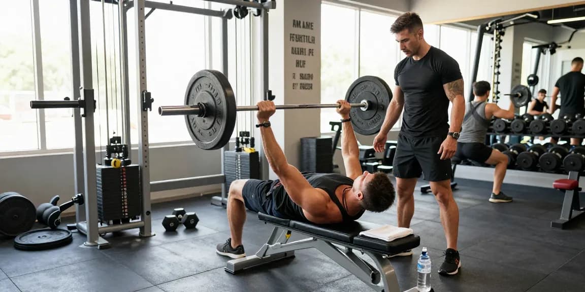 Trainier im Anabolika Shop Deutschland hebt Gewichte im Fitnessstudio mit motivierender Umgebung.