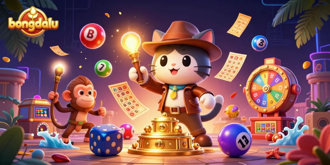 Bongdalu showcases a vibrant scene with a cat archaeologist and monkey companion amidst colorful lottery elements and dynamic casino artifacts.