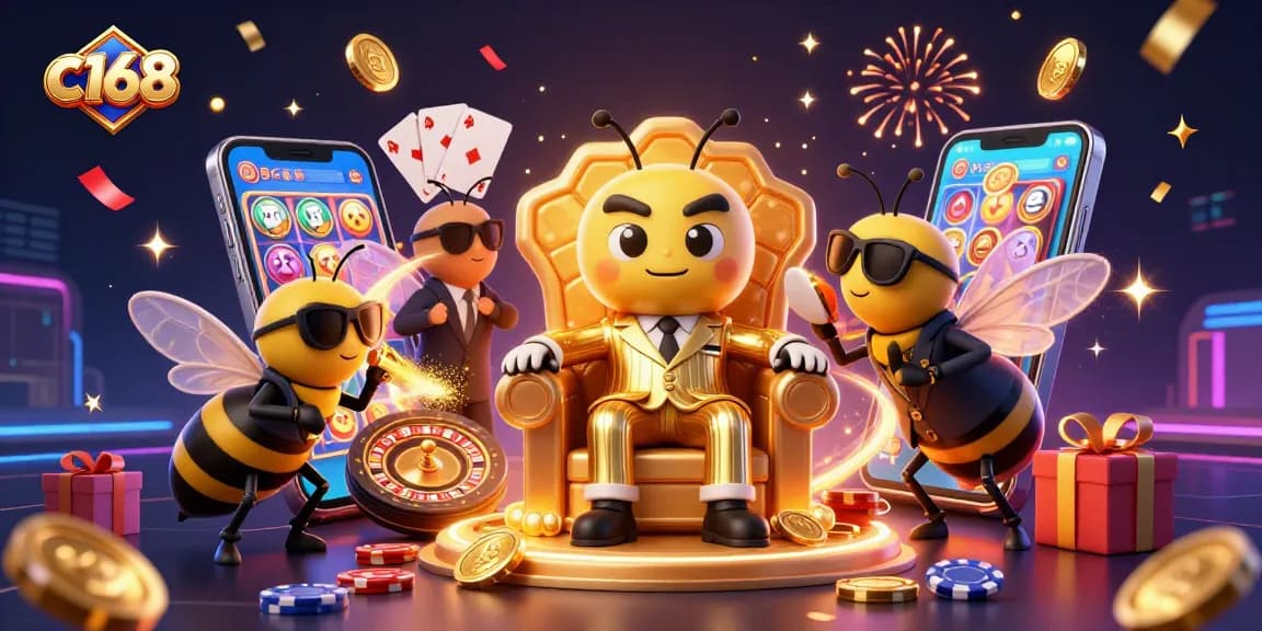 Experience big wins at c168 with an enticing 3D casino scene showcasing a bumblebee mob boss and vibrant gaming elements.