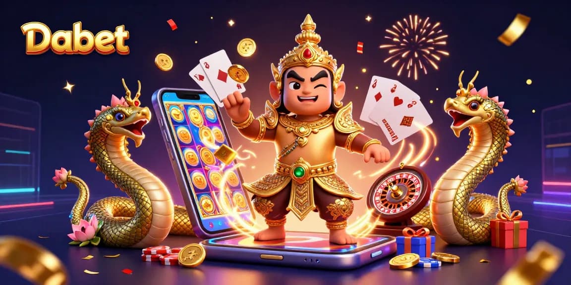 Dabet captures excitement with 3D characters, slot games, and casino elements in vibrant celebration.