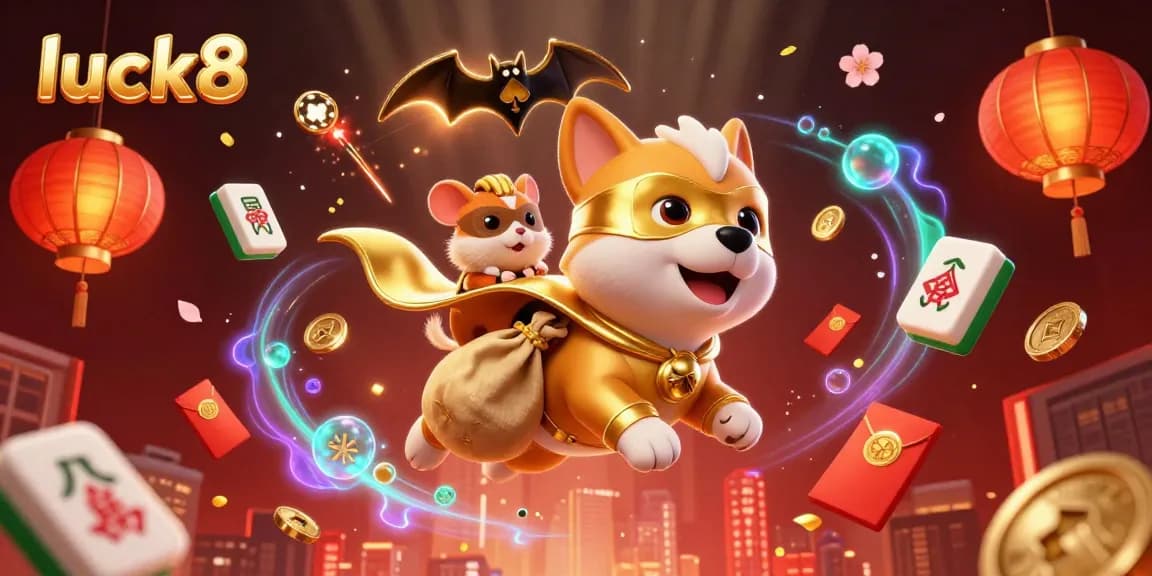 Experience the thrill of luck8 with a vibrant cartoon superhero dog flying through the casino atmosphere.