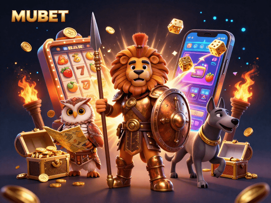 MUBET showcases a Spartan lion, tactical owl, and greyhound amid a lively jackpot scene in a dynamic casino illustration.