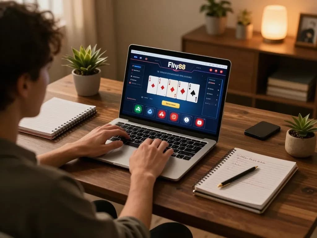 Engaging scene of player using fly88 poker interface on laptop at home for online gambling