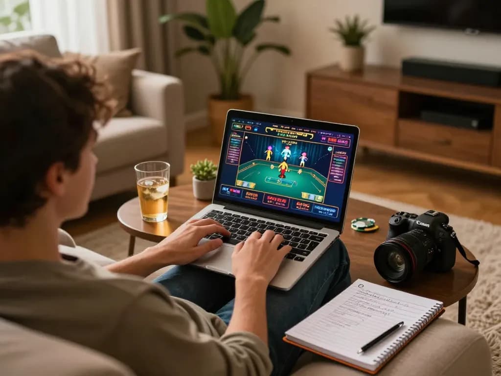 Engaging home scene showcasing a player at nhà cái uy tín RR88 using a laptop for online gambling with strategic notes.