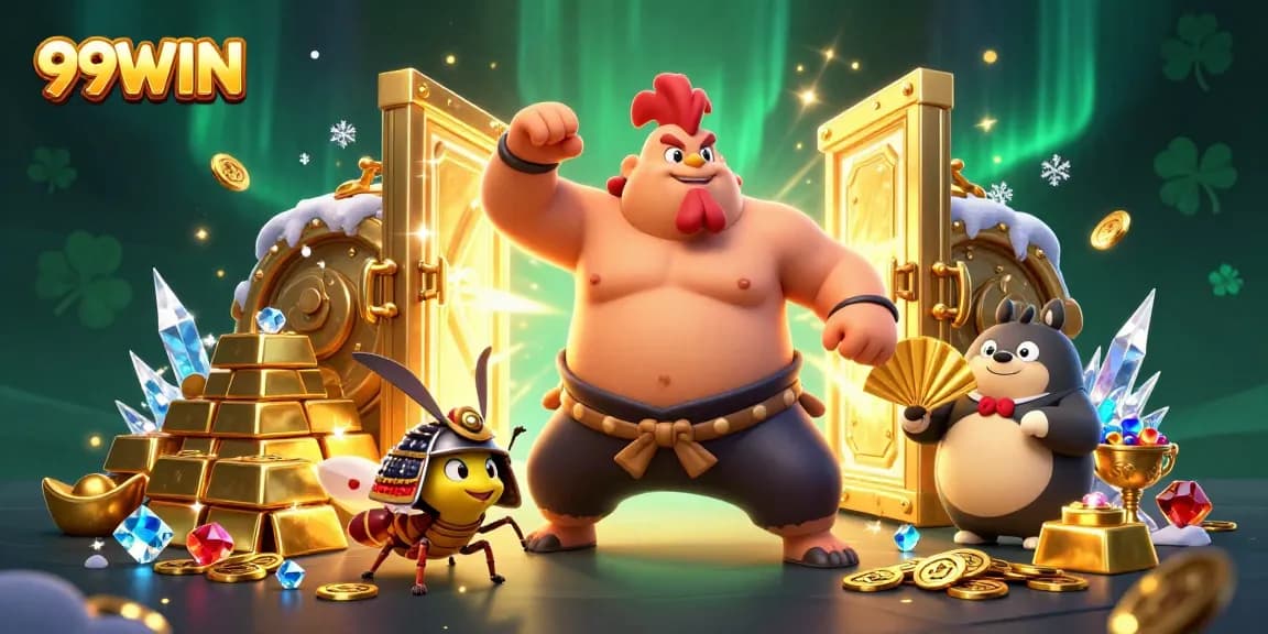Engage with 99WIN's vibrant casino world featuring a dynamic sumo wrestler, samurai cricket, and a tanuki announcer.