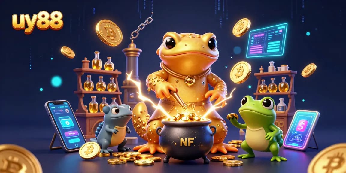 uy88 players enjoy gambling with a giant golden salamander alchemist and frog apprentice in a lively 3D casino scene