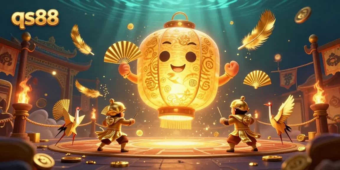 Experience thrilling casino magic at qs88 with glowing lanterns, golden warriors, and floating lucky symbols.