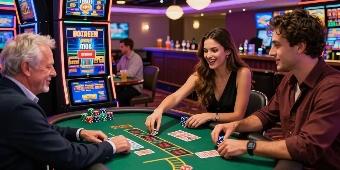 Exciting players at credit card online casinos enjoying games in a vibrant casino setting.