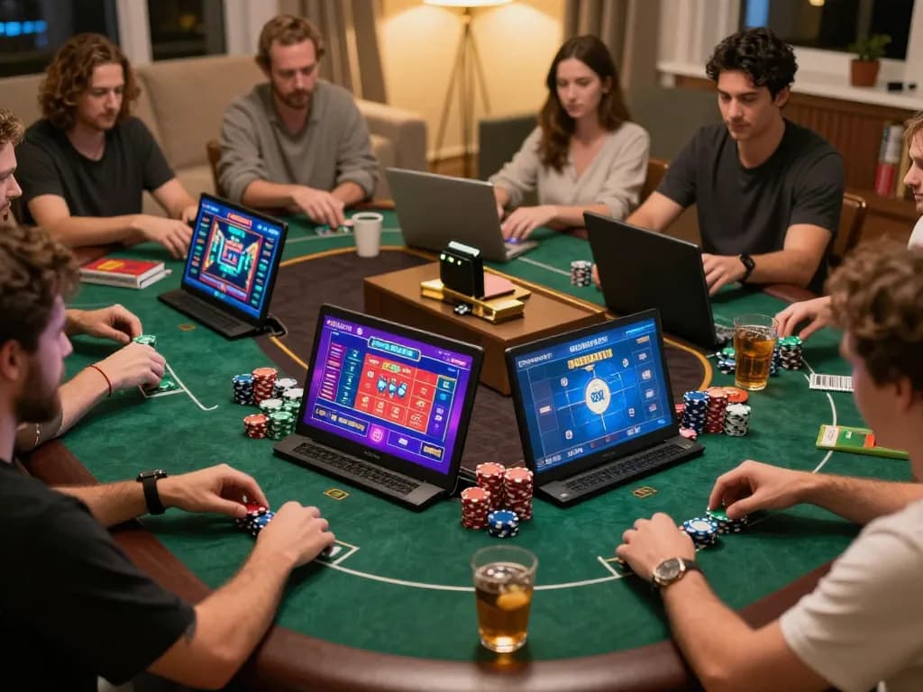 FIVE88 players enjoying online poker and slots in a cozy living room