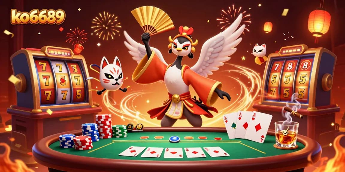 Engage with ko6689's vibrant casino experience featuring dynamic slot reels and poker action.