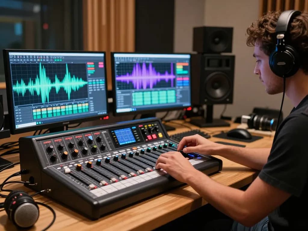Sound engineer using DA88 multitrack recorder in a modern music studio setting.