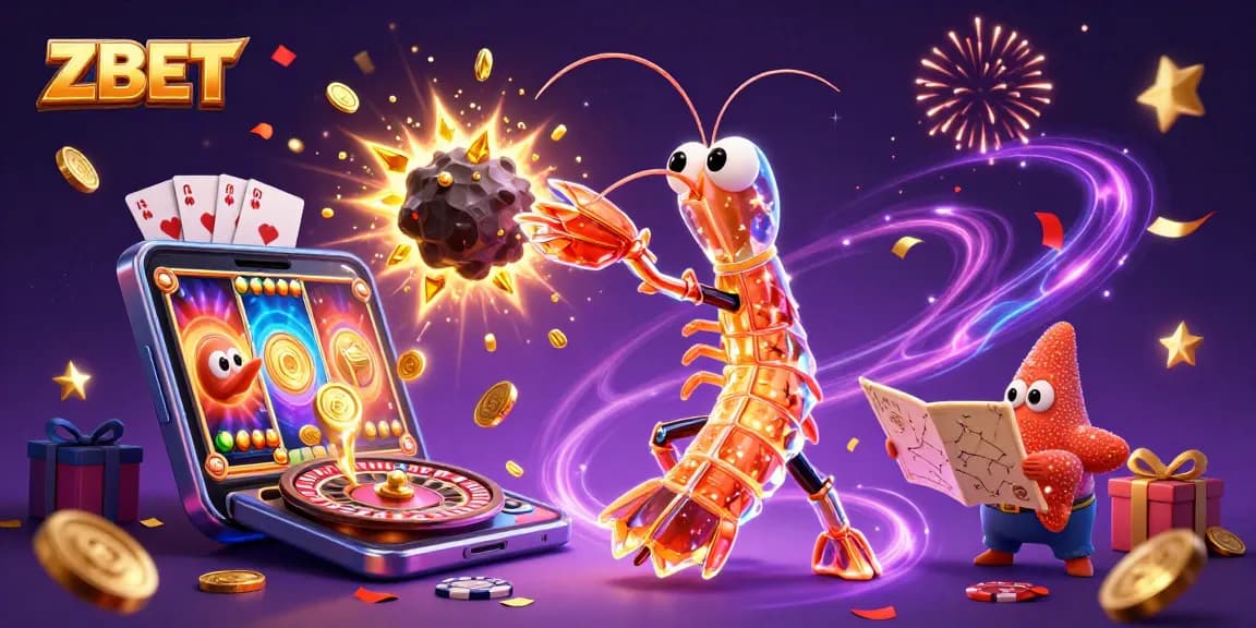 ZBET showcases a vibrant scene of a galactic samurai and starfish amidst gold coins, promoting online gaming excitement.