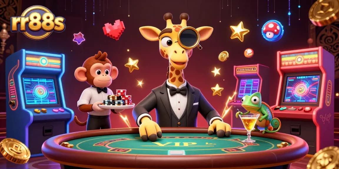 rr88s delivers a vibrant casino experience featuring a high-roller giraffe at a poker table, enhanced with arcade elements.