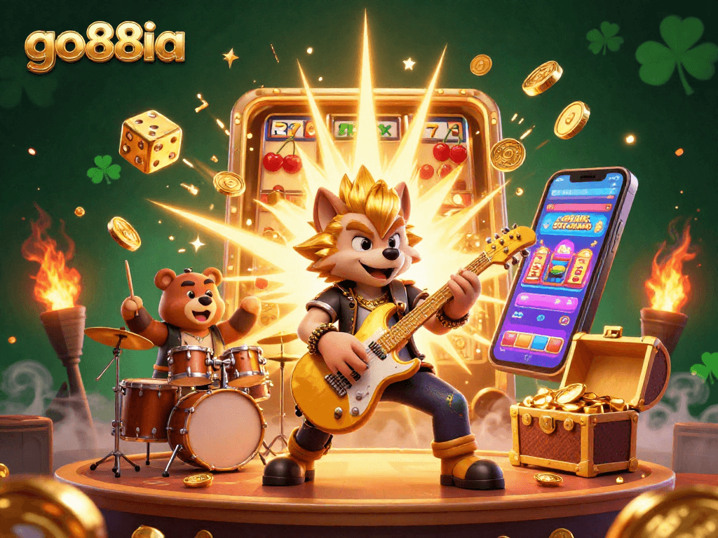 Experience a vibrant casino scene with go88ia, featuring a rock star wolf and exciting slot machine action.