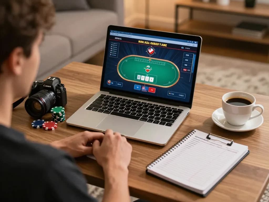 Engaging in online poker at F168, showcasing a player’s focused strategy and cozy gaming setup.