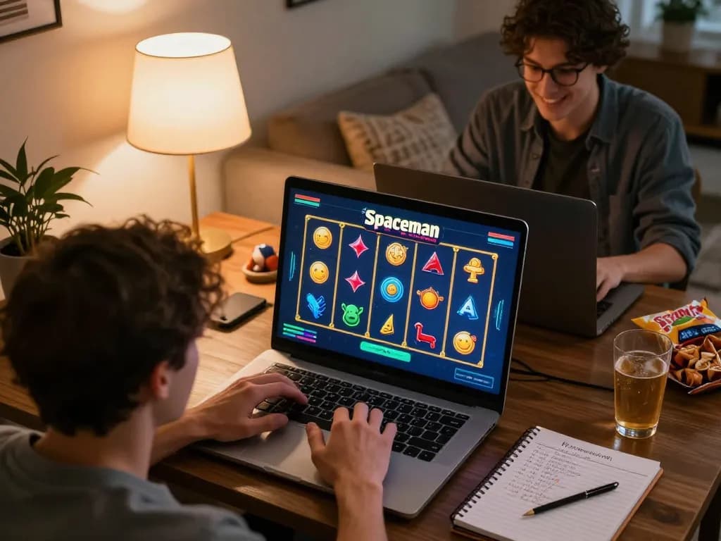Players spinning the Spaceman slot game on a smartphone, showcasing vibrant graphics and a cozy home atmosphere