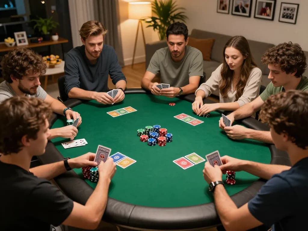 Join the lively iwin poker game at a cozy home setup, showcasing friends immersed in strategy and excitement.