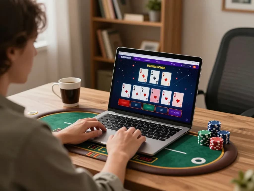 Player strategizing blackjack on cm88seo's online casino platform from a modern home office.