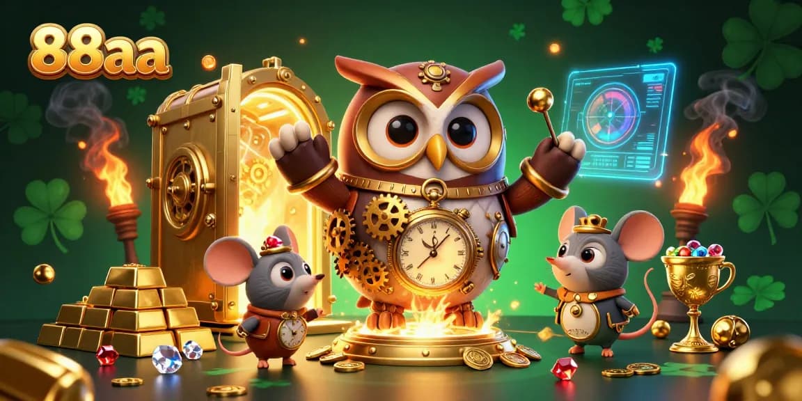 Experience the excitement of 88aa with a cartoon time-traveler owl in a vibrant casino scene.