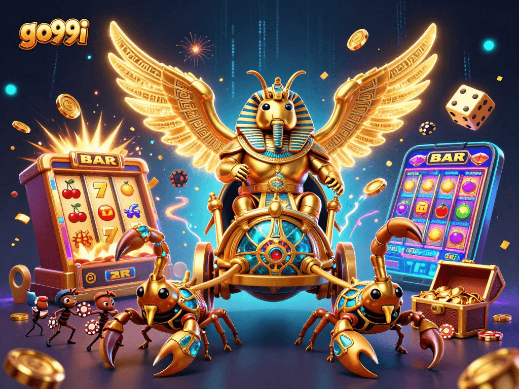 Go99i casino scene showcasing a golden scarab beetle and scorpions amidst rich gambling elements.