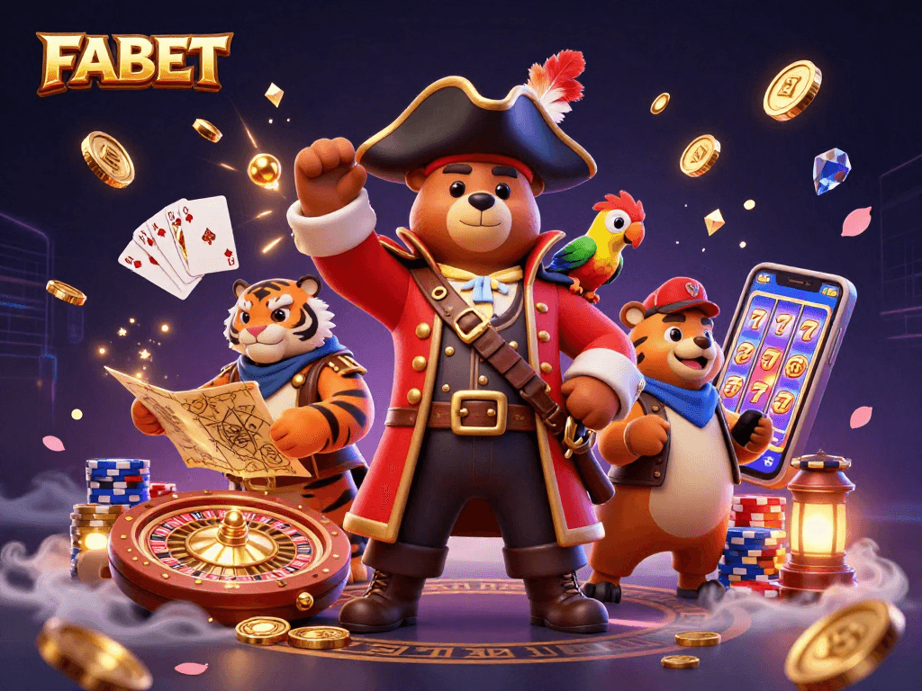Engage with FABET's thrilling gaming experience featuring vibrant characters, coins, and casino elements.