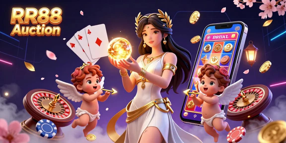 Experience RR88 Auction with a goddess amid vibrant casino elements, illustrating thrilling gaming action.
