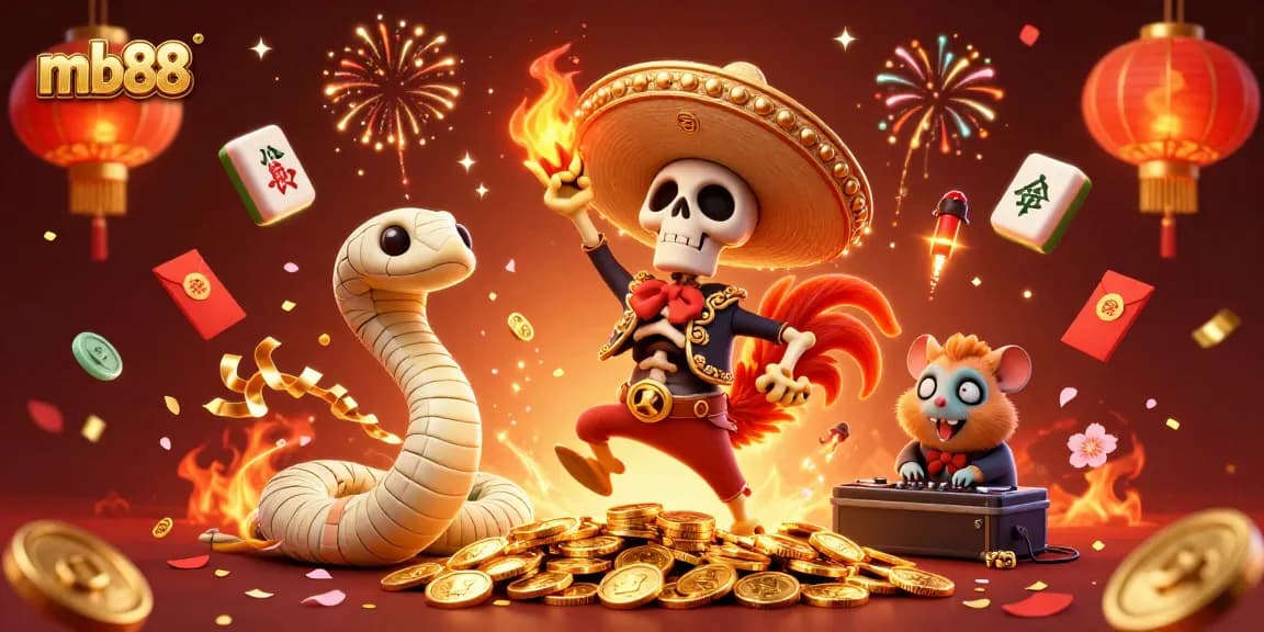 Engage with mb88's vibrant gaming experience featuring a festive mariachi rooster celebrating in a dynamic casino scene.
