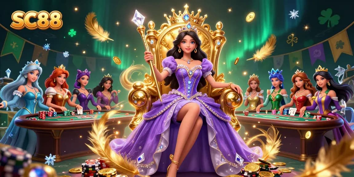 Engaging scene showcasing SC88 in a vibrant casino atmosphere with poker chips, golden decorations, and enchanting characters.