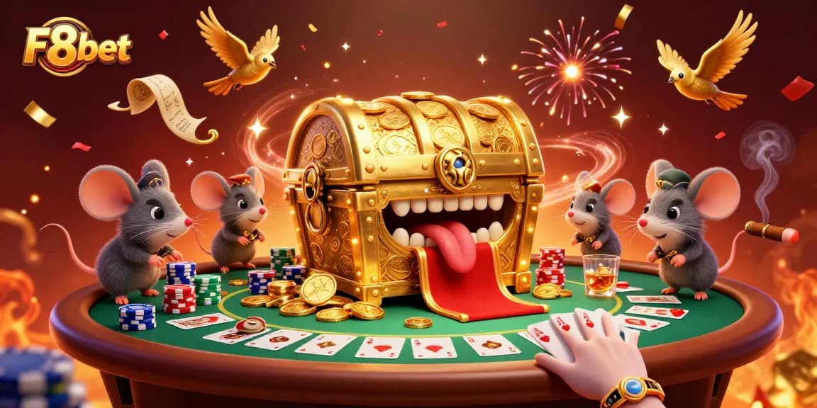 Experience gaming excitement with F8bet's vibrant casino scene featuring animated gold treasures and poker dynamics.