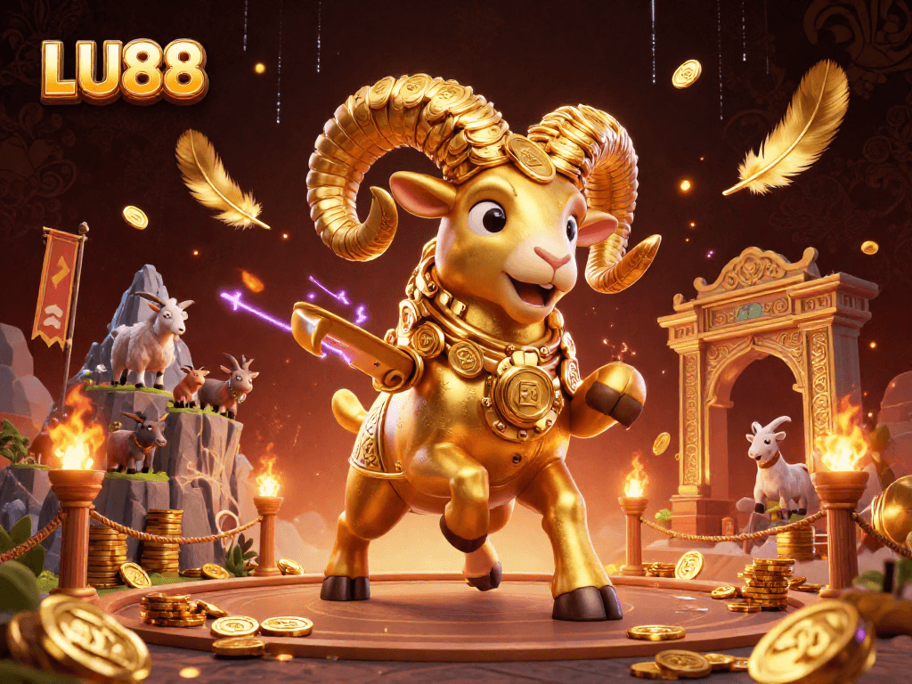 LU88 features a golden ram charging at a temple gate with vibrant gambling elements.