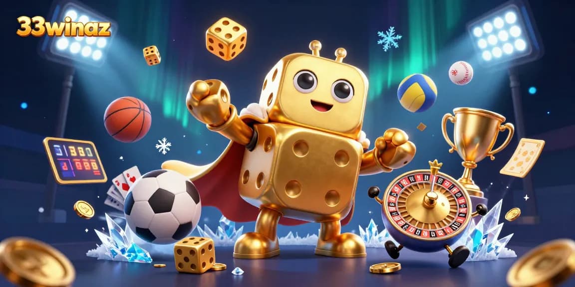 Experience excitement with 33winaz's vibrant casino scene showcasing golden dice and sports balls.
