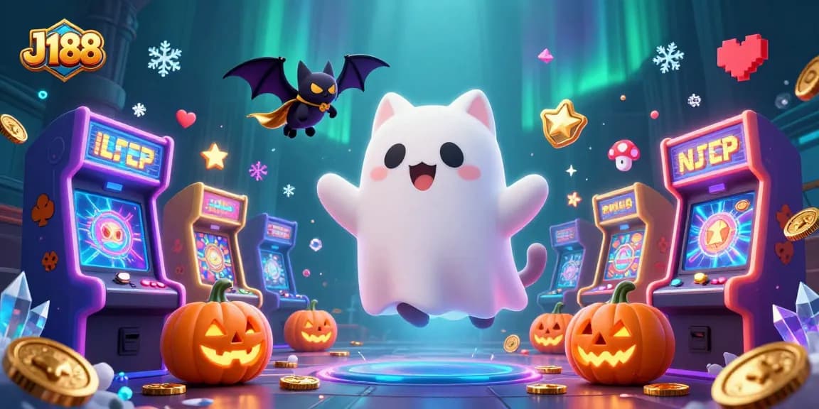 Win big at J188 with a friendly ghost cat and vampire bat in a vibrant haunted casino