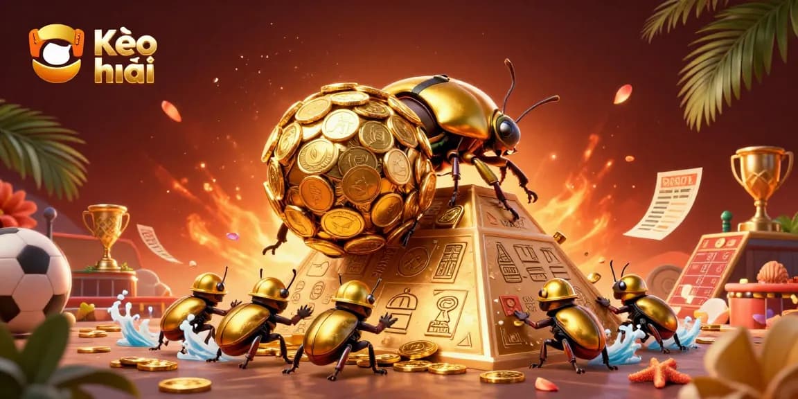 Betting on Kèo nhà cái with massive golden beetle rolling coins in a vibrant casino scene