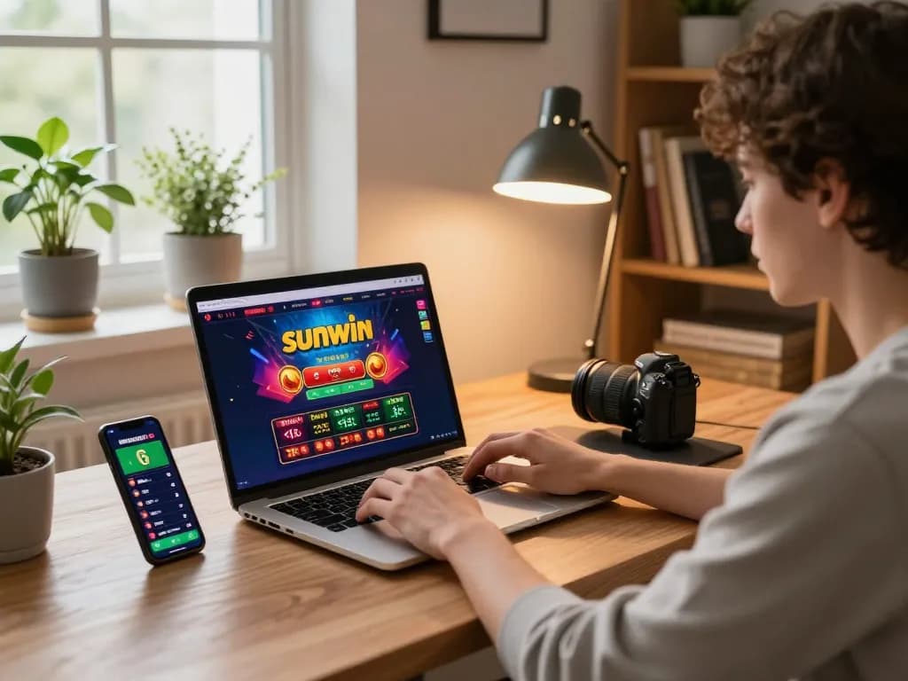 Player engaged with sunwin casino gaming on laptop amidst a warm home office setup.