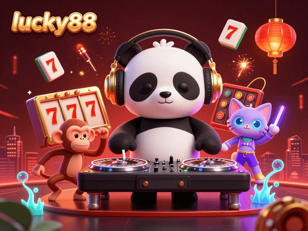 Engage with lucky88 in a vibrant casino scene featuring a DJ panda and festive elements.