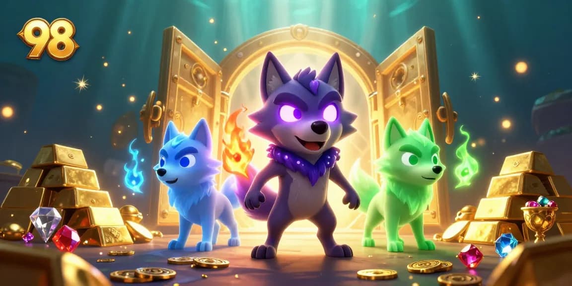 Win big with 98 at this enchanting casino featuring riches and spirit wolves amidst treasure.