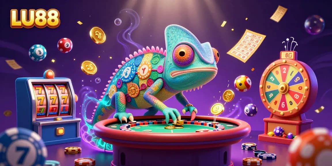 LU88 captures the thrill of casino gameplay with a vibrant chameleon owner snapping up coins amidst action-packed elements.