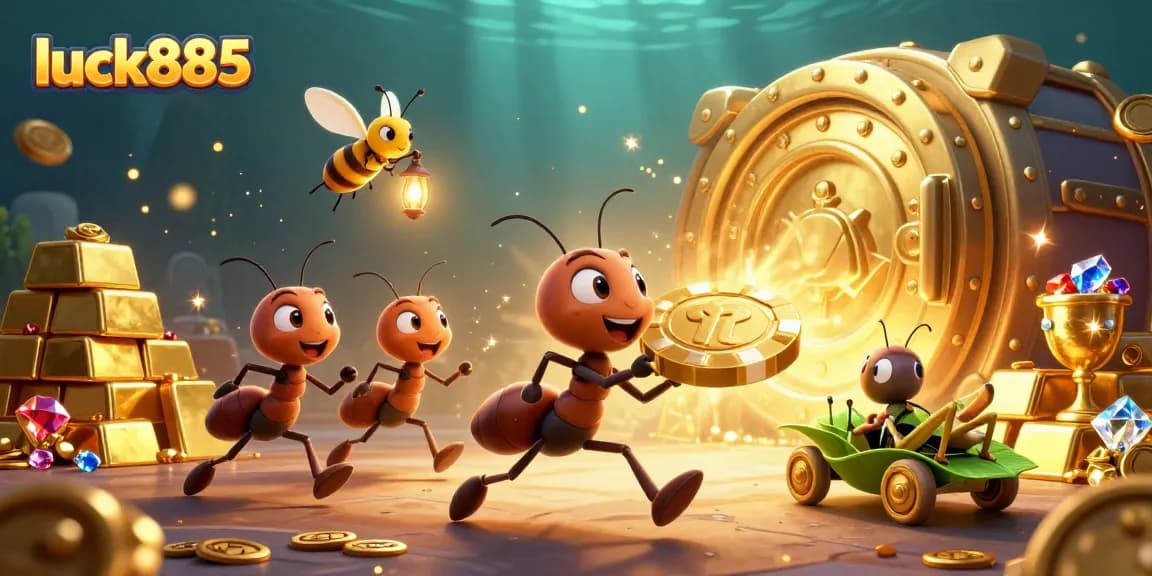 Experience the thrill of gambling with luck885 as ants steal a giant poker chip in a vibrant heist scene.