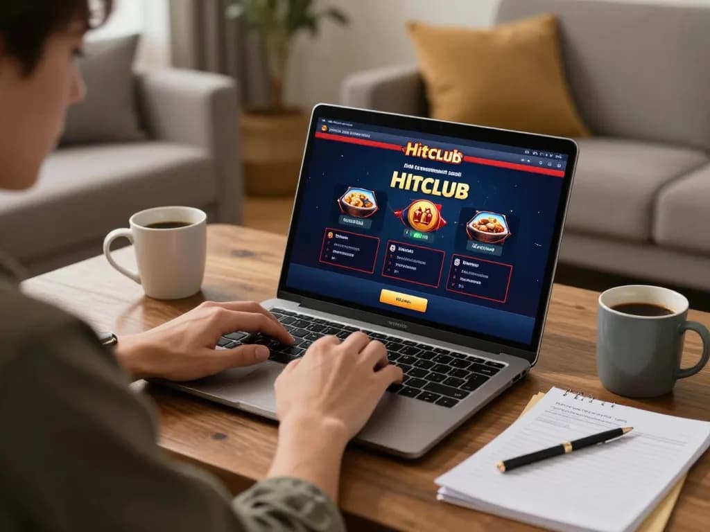 Engaging player enjoying Hitclub games on a laptop in a cozy home setting, highlighting strategic gameplay.