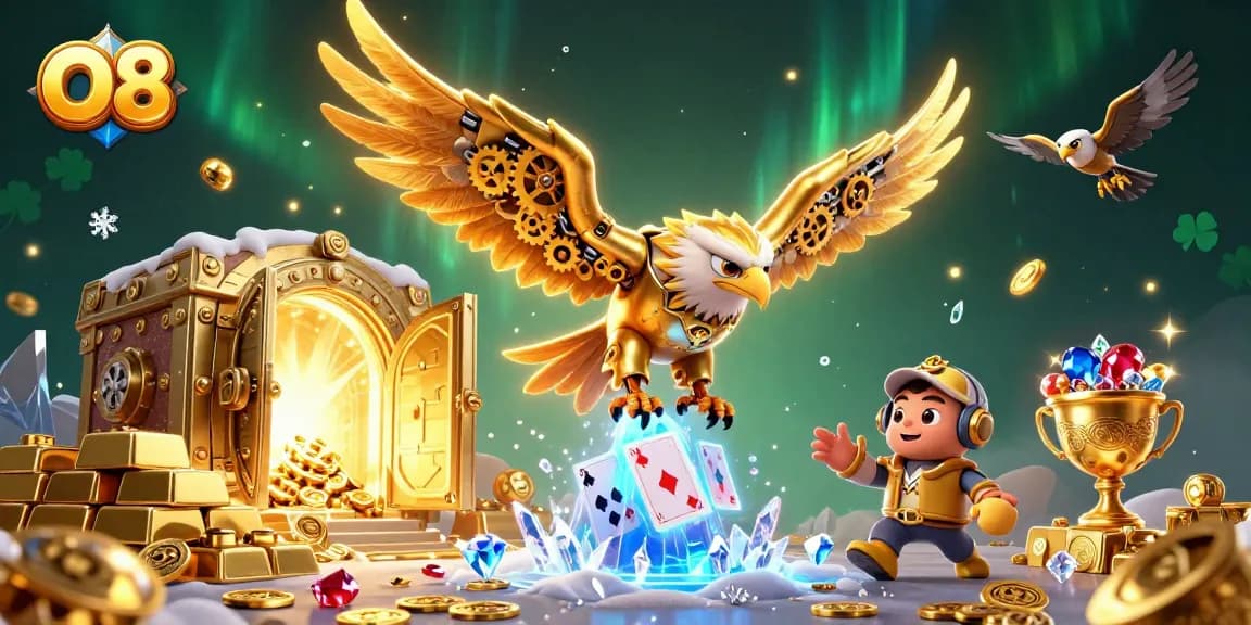 Dive into the exciting world of O8 with a cybernetic golden eagle amidst dazzling treasure and playing cards.