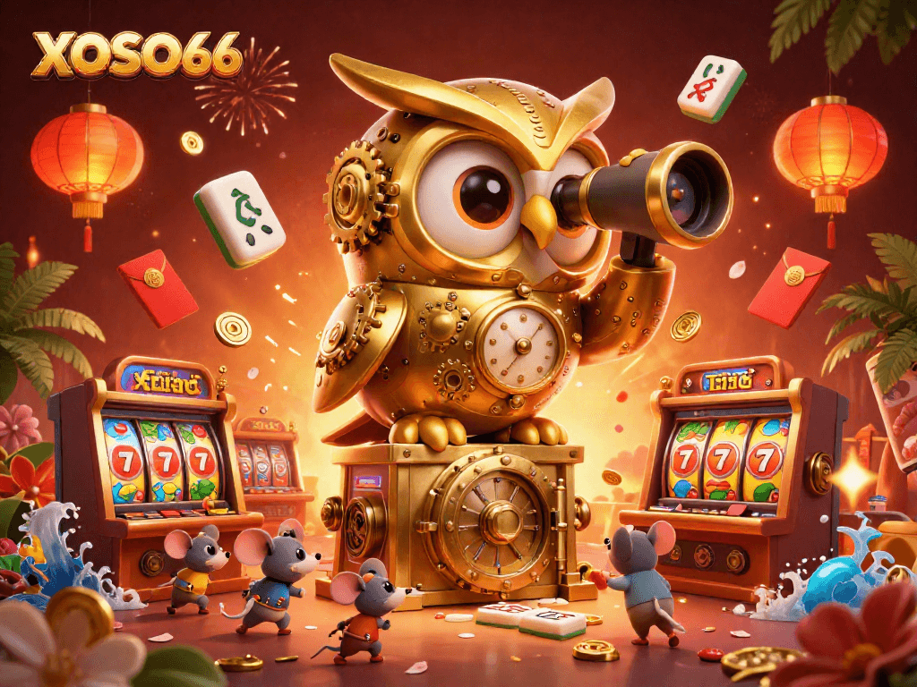 XOSO66 brings a lively casino atmosphere with a golden owl and joyful mouse patrons amid slot machines.