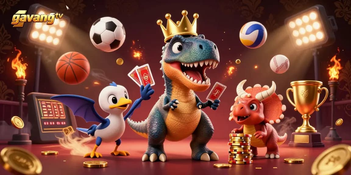 Engage in thrilling gameplay with gavangtv featuring a T-Rex card shuffling surrounded by dynamic sports betting elements.