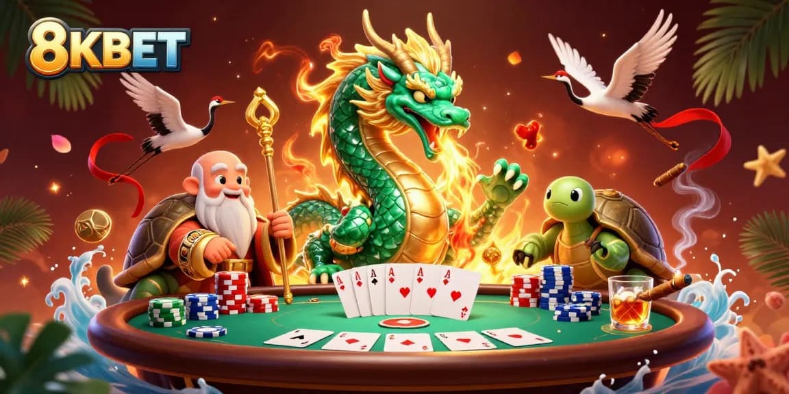 Experience winning vibes at 8KBET with a jade dragon and poker tables in vibrant setting.