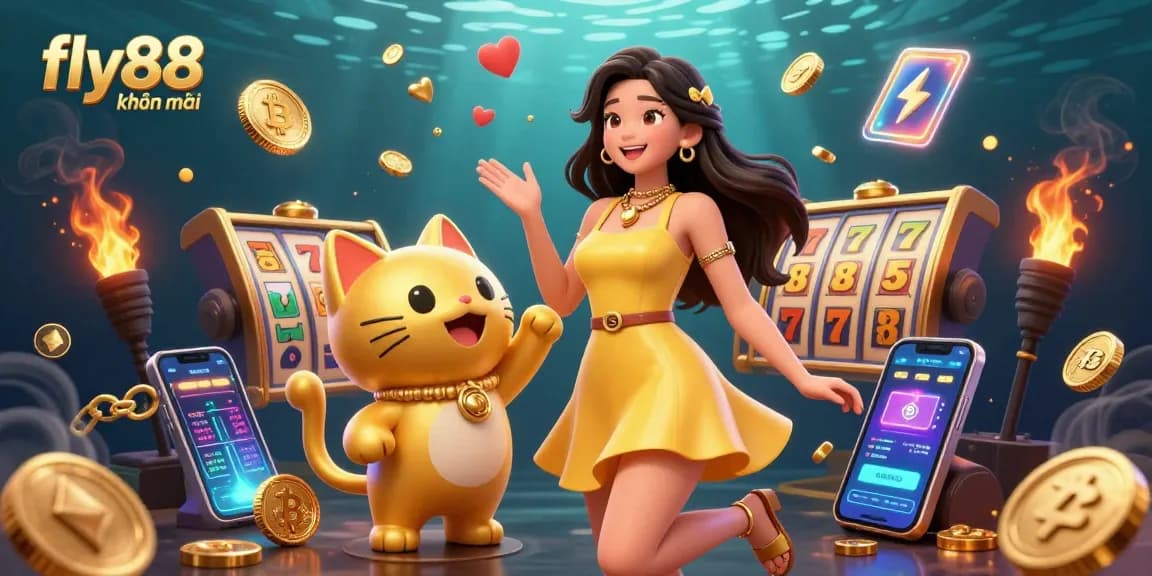 Engage with fly88 khuyến mãi featuring a joyful Asian woman and lucky cat surrounded by dynamic slot game elements.