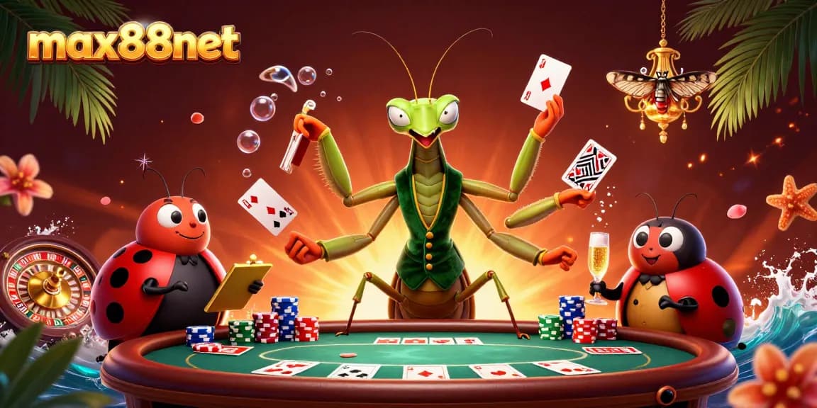 Engage with max88net's thrilling world, as a giant praying mantis deals cards on a vibrant casino scene.