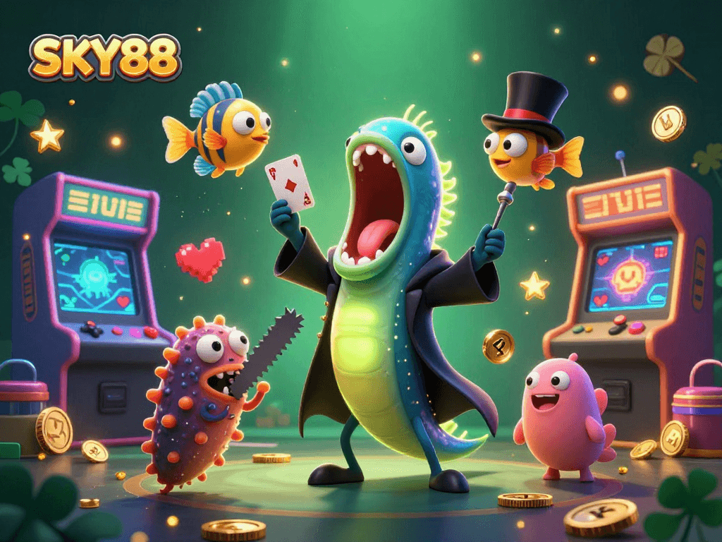 SKY88 captivates players with a vibrant scene of a magical deep-sea casino act featuring animated sea creatures.