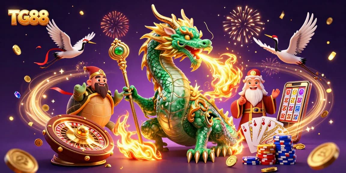 Experience thrilling moments in TG88 with an emerald dragon and dynamic casino elements.