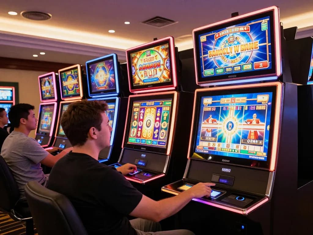 Experience the excitement of game nổ hũ as players celebrate wins at vibrant online slot machines in a modern casino setting.