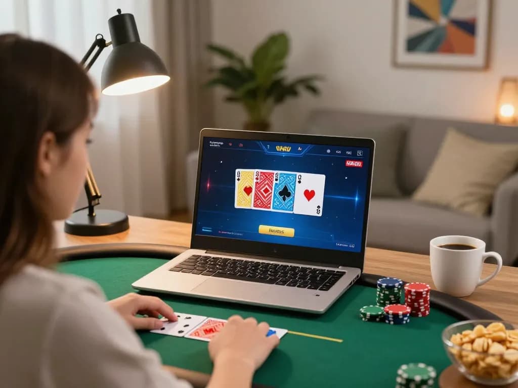 Participating in an online poker game at home with TG88 app on laptop, showcasing strategic gaming.
